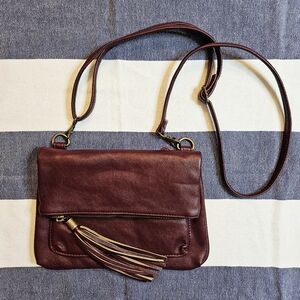 Joy Susan Burgundy Faux Leather Tassel Crossbody Bag